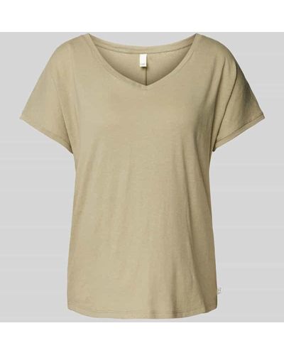 QS Leinen-T-Shirt mit V-Ausschnitt - Natur