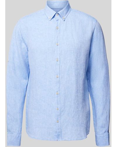 Brax Modern Fit Linnen Overhemd Met Button-downkraag - Blauw