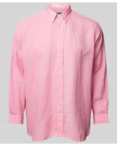 Ralph Lauren PLUS SIZE Straight Fit Leinenhemd mit Label-Stitching - Pink