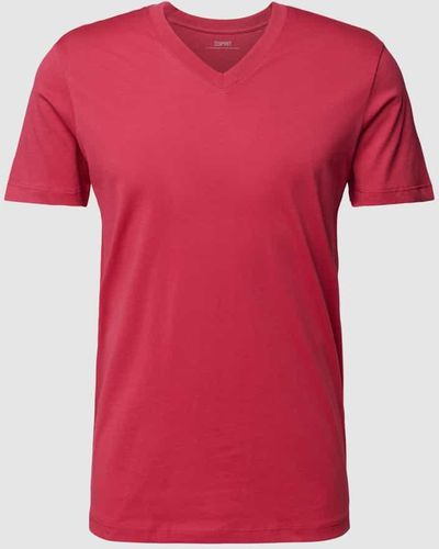 Esprit Slim Fit T-Shirt aus gewachster Baumwolle mit V-Ausschnitt - Rot