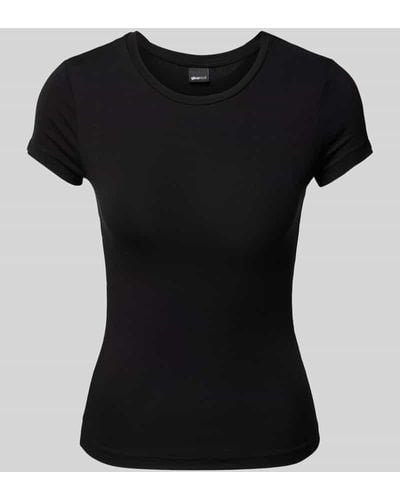 Gina Tricot T-Shirt mit geripptem Rundhalsausschnitt - Schwarz