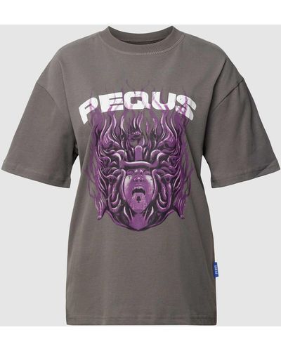 Pequs T-shirt Met Label- En Motiefprint - Grijs