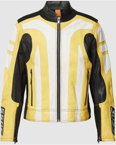 BOSS Leder Jacke mit Color-Blocking-Design Modell 'Jocas' - Gelb