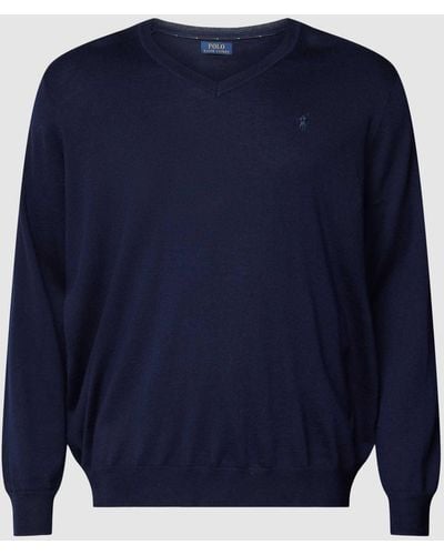 Ralph Lauren Plus Size Shirt Met Lange Mouwen En Geribde V-hals - Blauw