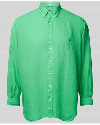 Ralph Lauren PLUS SIZE Straight Fit Leinenhemd mit Label-Stitching - Grün