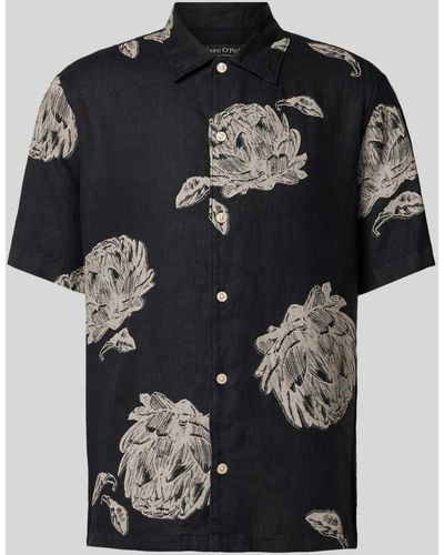 Marc O' Polo Regular Fit Linnen Overhemd Met Motiefprint - Zwart