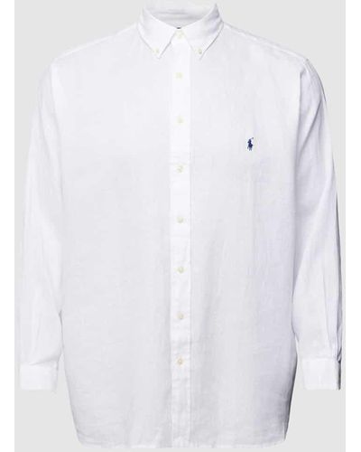 Ralph Lauren PLUS SIZE Straight Fit Leinenhemd mit Label-Stitching - Weiß