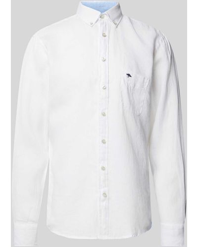 Fynch-Hatton Regular Fit Leinenhemd mit Logo-Stitching - Weiß