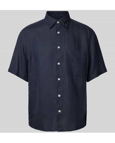 Marc O' Polo Regular Fit Freizeithemd aus Leinen mit Brusttasche - Blau