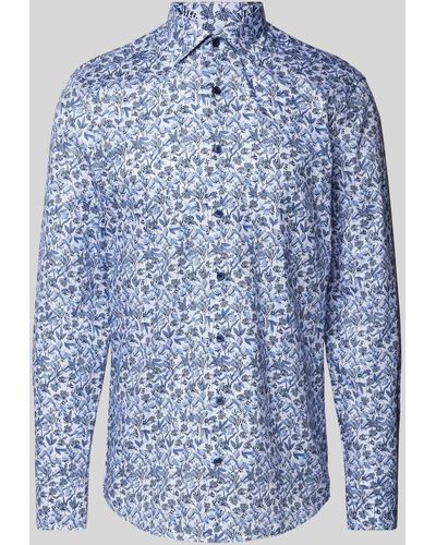Eterna Slim Fit Zakelijk Overhemd Met Bloemenmotief - Blauw