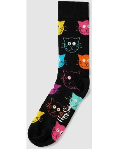 Happy Socks Socken mit Allover-Muster Modell 'CAT' - Schwarz