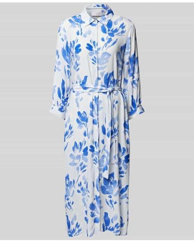 Rich & Royal Knielanges Hemdblusenkleid aus Viskose mit Bindegürtel - Blau