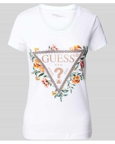 Guess T-Shirt mit Motiv- und Label-Print Modell 'TRIANGLE FLOWERS' - Weiß