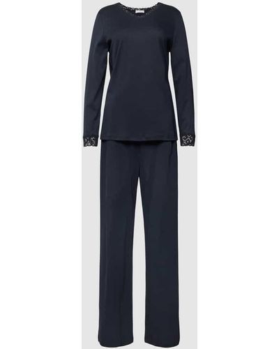 Hanro Pyjama mit Spitzenbesatz - Blau