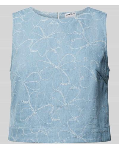 Jake*s Crop Top mit floralen Stitchings - Blau