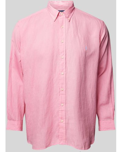 Ralph Lauren Plus Size Straight Fit Linnen Overhemd Met Labelstitching - Roze