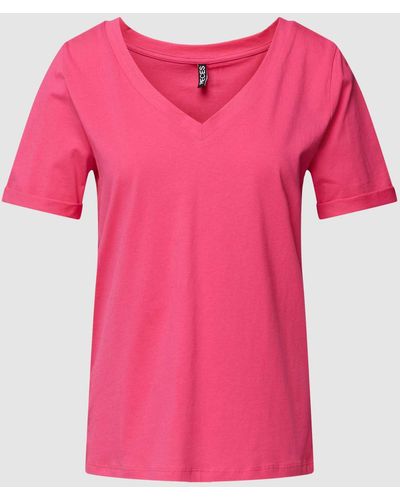 Pieces T-Shirt mit V-Ausschnitt und Ziernaht - Pink