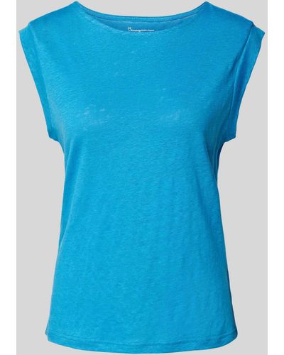 Knowledge Cotton T-Shirt aus Leinen in unifarbenem Design - Blau