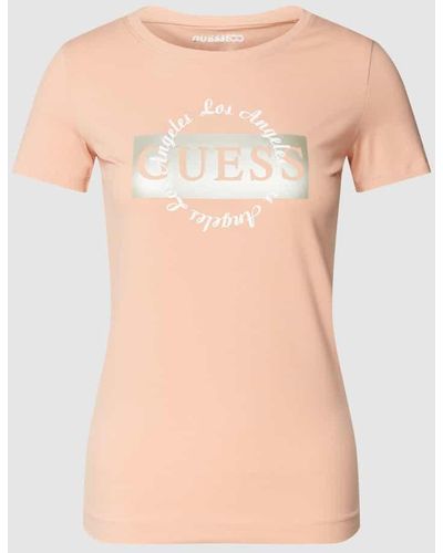 Guess T-Shirt mit Label-Print Modell 'ROUND LOGO TEE' - Natur