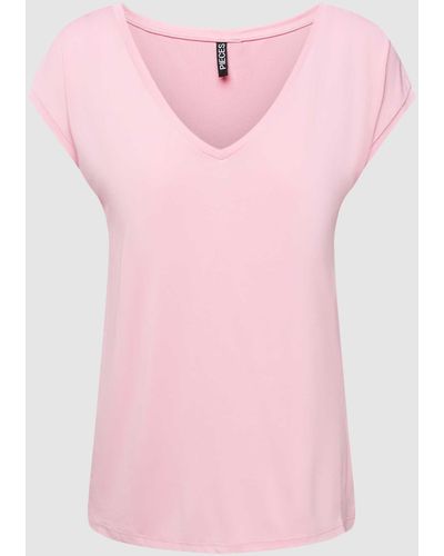 Pieces T-Shirt mit V-Ausschnitt und Ziernaht - Pink