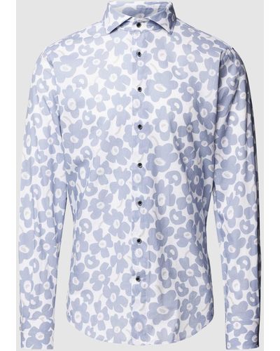 Profuomo Slim Fit Zakelijk Overhemd Met All-over Bloemenprint - Blauw