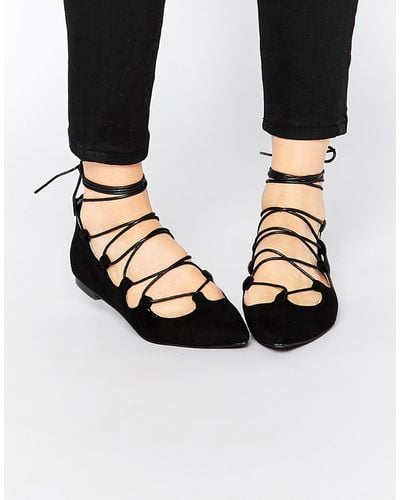 Glamorous Black Suede Ghillie Tie Up Flat Shoes