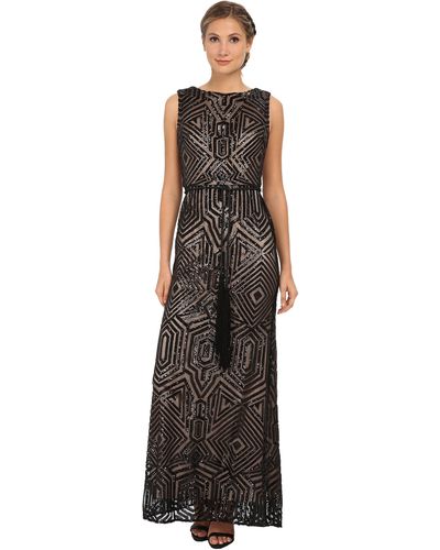 Vince Camuto All Over Geometric Sequin Gown W/ Fringe Sash - Black