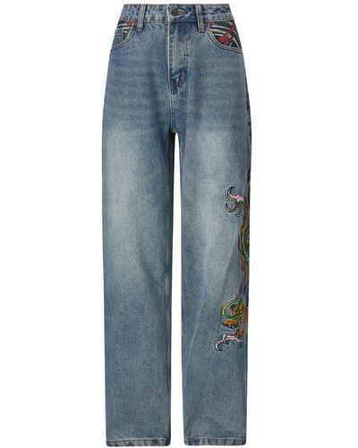 Ed Hardy Women's Crawling Dragon Relaxed Fit Jean - Blue