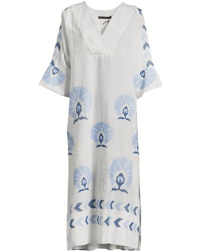 Kori Women's Linen Mini Peacocks Loose Fit Dress - White