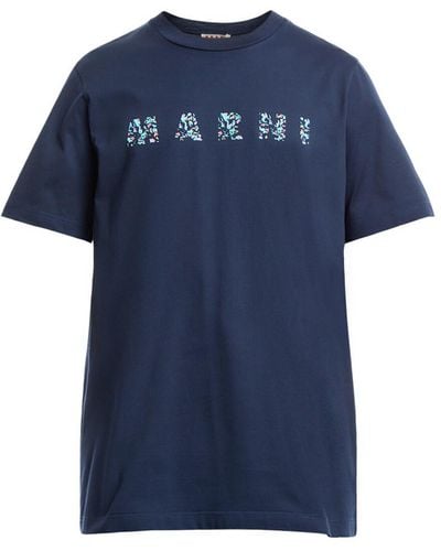 Marni Men's Deep Bio Cotton T-shirt With Patterned Print - Blue