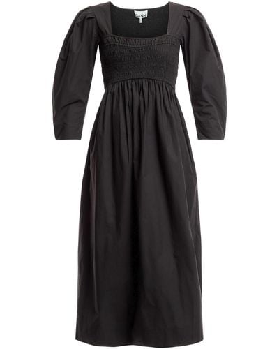 Ganni Women's Cotton Poplin Open-neck Smock Long Dress - Black