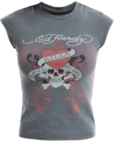 Ed Hardy Women's Love Kills Cap Sleeve T-shirt - Grey
