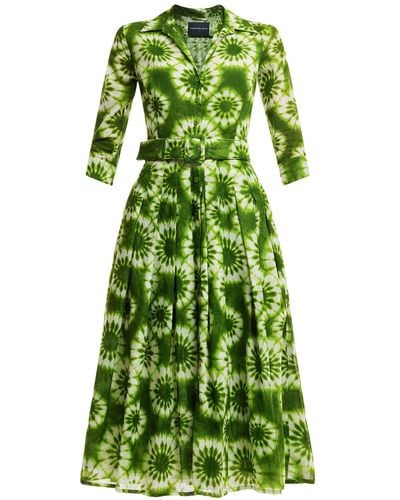 Samantha Sung Women's Cotton Musola Shirt Collar 3⁄4 Sleeve Midi Dress - Green