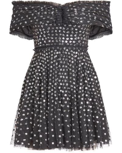 Needle & Thread Women's Wisteria Chiffon Round Neck Mini Dress - Black