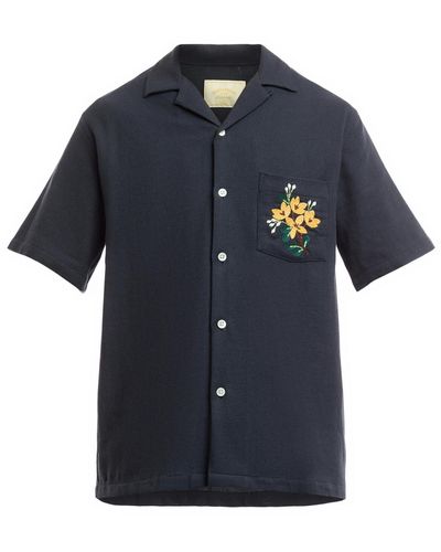Portuguese Flannel Men's Pique Embroidery Flowers Short Sleeve Motif Shirt - Blue