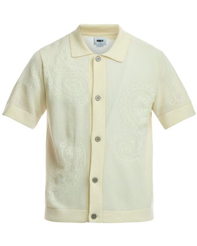 Obey Men's Crochet Knit Button Front Polo Shirt - White