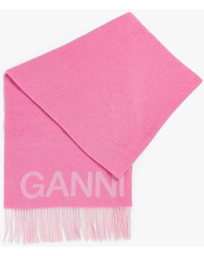 Ganni Wool Mix Fringed Logo Scarf - Pink