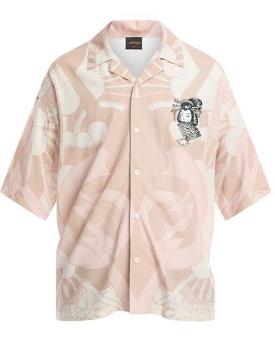 Ed Hardy Men's Shortsleeve Geisha Fan Camp Shirt - Pink