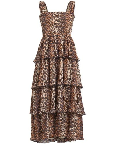 Ganni Women's Leopard Pleated Georgette Flounce Smock Midi Dress - Brown