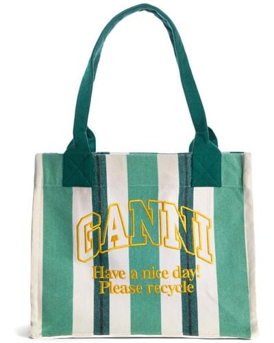 Ganni Women's Stripe Large Easy Shopper Tote - Green