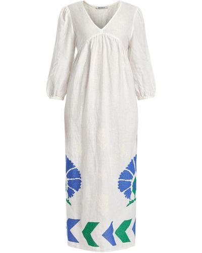 Kori Women's V Neck Peacock Long Dress - White