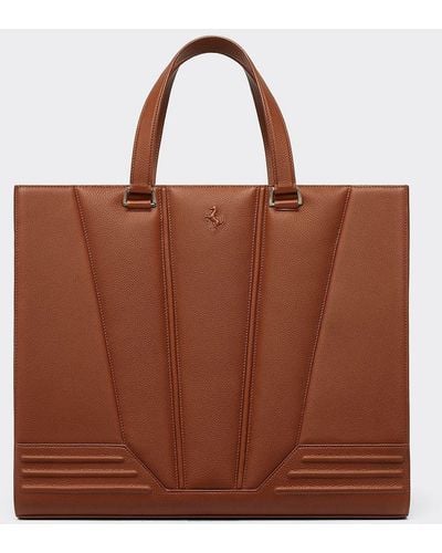 Ferrari Gt Satin Leather Medium Tote Bag With Prancing Horse - Brown