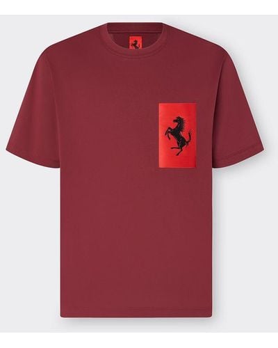 Ferrari T-shirt En Coton Avec Poche Cheval Cabré - Rouge