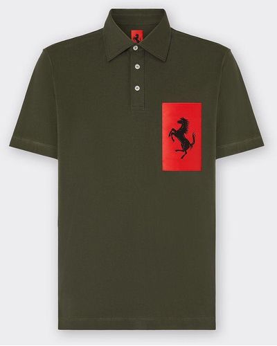 Ferrari Cotton Polo Shirt With Prancing Horse Pocket - Green