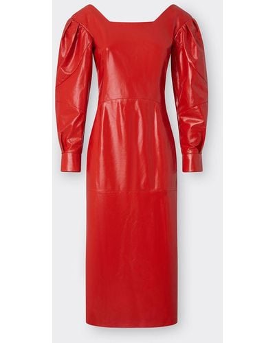 Ferrari Long Leather Dress With Mirror Effect - Red