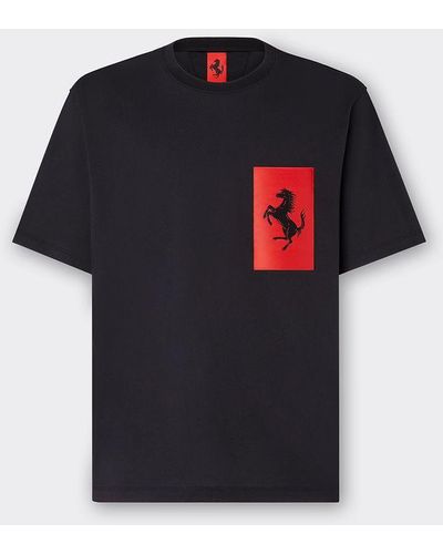 Ferrari Camiseta De Algodón Con Bolsillo De Cavallino Rampante - Negro