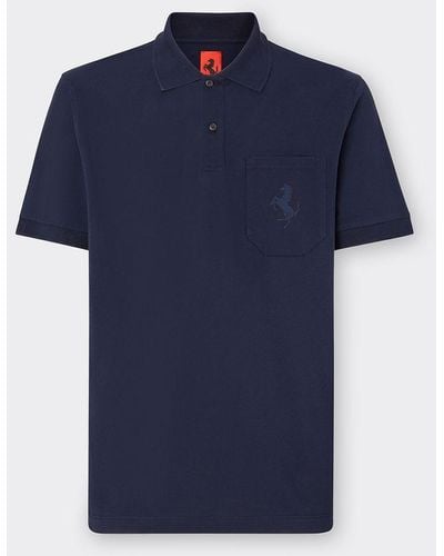 Ferrari Cotton Piqué Polo Shirt With Prancing Horse - Blue