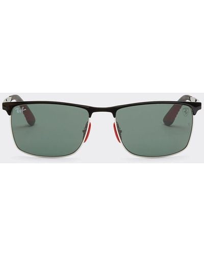 Ferrari Black And Silver Ray-ban For Scuderia Rb3726mf Sunglasses With Dark Green Lenses