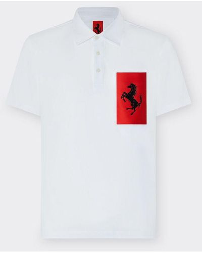 Ferrari Polo En Coton Avec Poche Cheval Cabré - Blanc