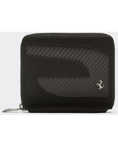 Ferrari Square Leather Wallet With Carbon Fiber Insert - Black